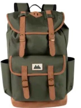 Hiking/school Olive Green Canvas Backpack with Brown Trim full size